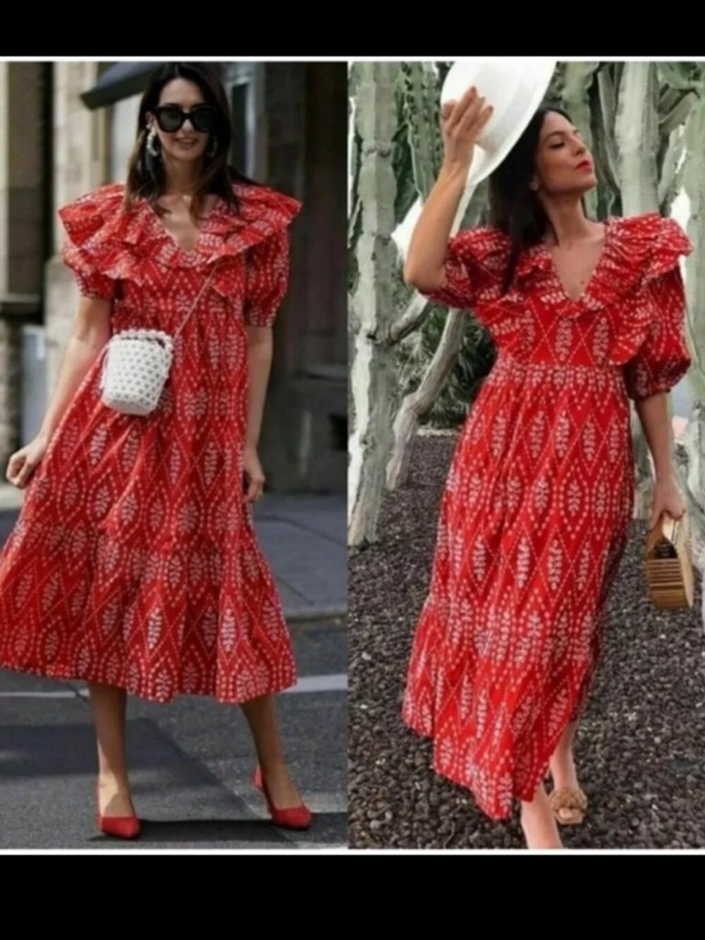 NWT Zara Red White Openwork Embroidered Ruffle Frill Midi Dress Sz L
